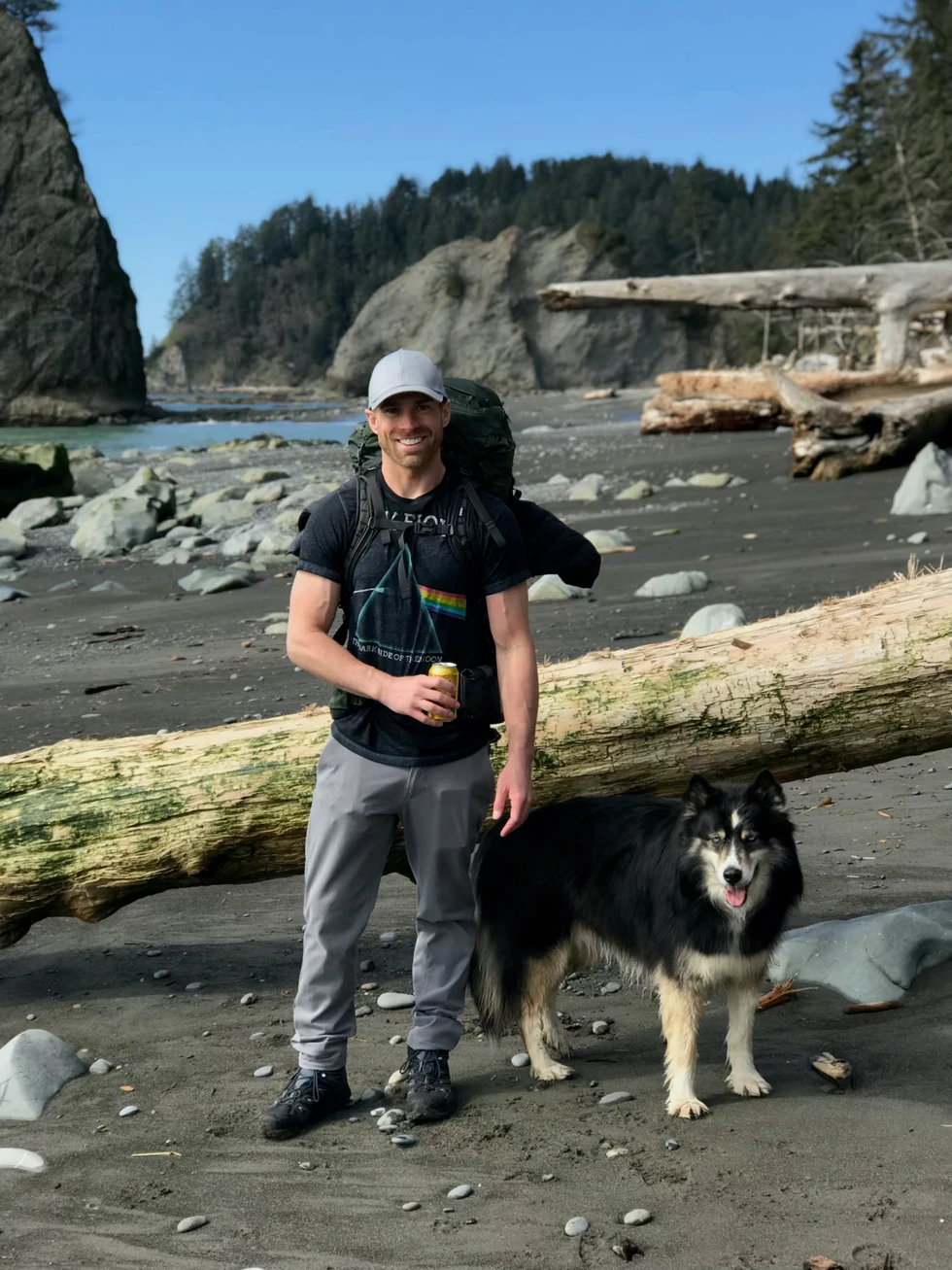Stud and me on an empty beach on the Olympic coast